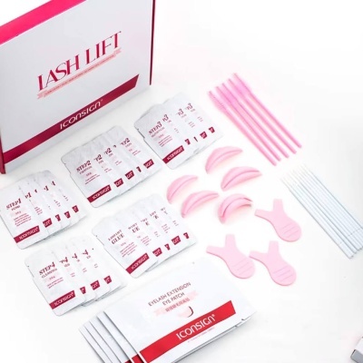 Kit Lash Lift Iconsign com soluções numeradas, acessórios plásticos e escovas cor-de-rosa e branco