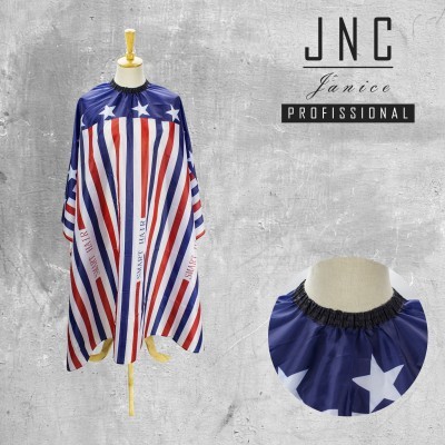 Capa profissional para cabeleireiro com padrão de estrelas e riscas azul, branco e vermelho