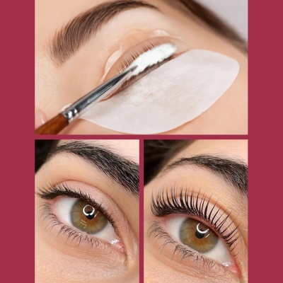 Processo de aplicação de produto para pestanas com pincel em fundo rosa