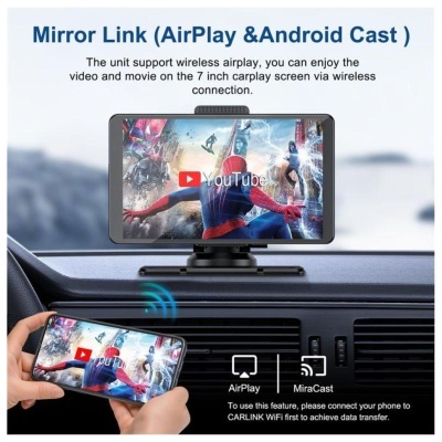 Ecrã de carro 7 polegadas com suporte mostrando vídeo do YouTube Homem-Aranha e texto de funções sem fios