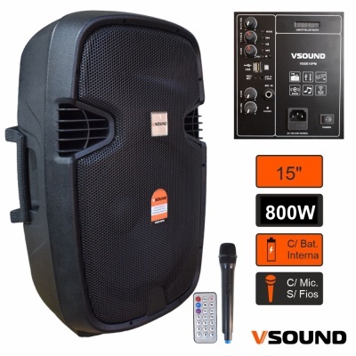 COLUNA AMPLIFICADA 800W 15" USB/BT/SD/FM/BAT MIC S/ FIOS VSOUND PRO