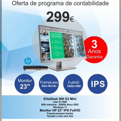 Computador de secretária HP 800 G3 i5 mini + Monitor HP 23" E233 IPS FullHD FrameLess