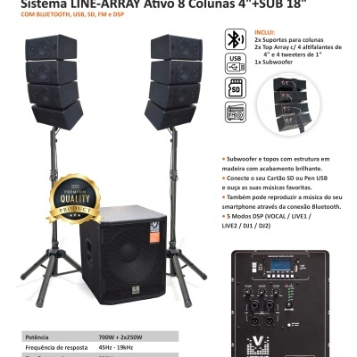 Sistema LINE-ARRAY Ativo 8 Colunas 2x4"+SUB 18" 1200W VSOUND