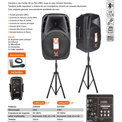 sistema amplificado VSOUND com Coluna Ativa + Passiva 2x15 1000W