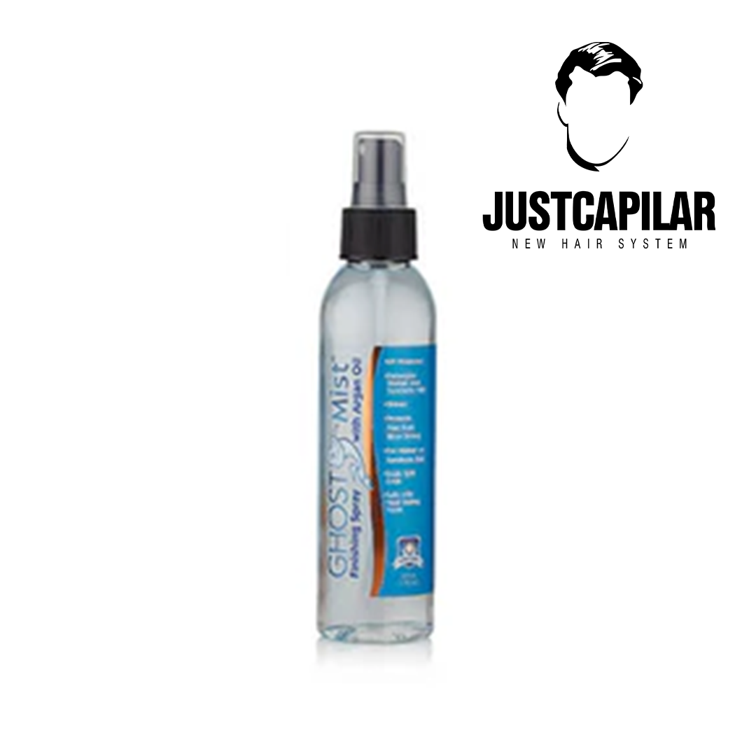 Spray de Acabamento GHOSTMIST - Brilho Leve e Proteção Duradoura do seu sistema capilar - 6oz (177ml) Frasco spray para cabelo transparente com rótulo azul e logótipo JUSTCAPILAR