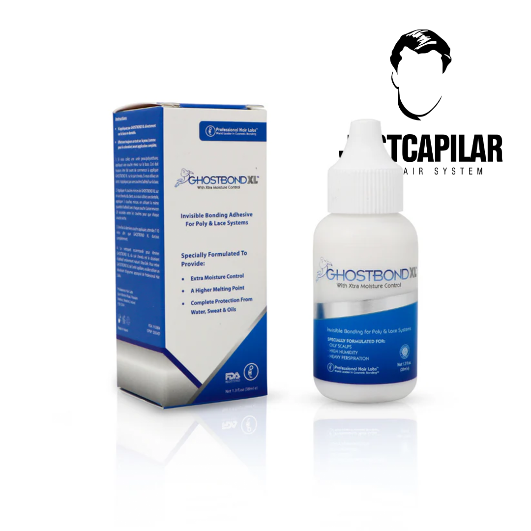 GHOSTBOND XL - Cola para Prótese Capilar (original) resistente à Água e ao Suor - 1.3oz (38ml) Frasco e caixa do adesivo Ghostbond XL para sistemas polio e renda