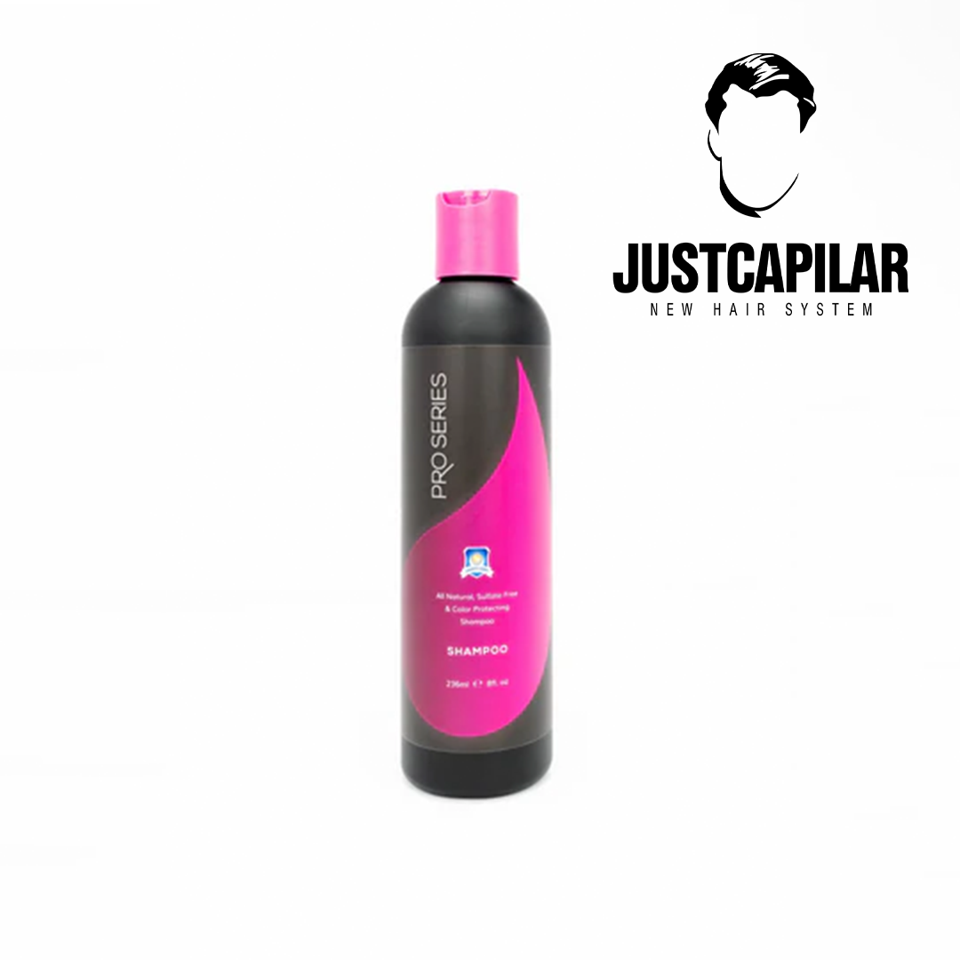 Shampoo Pro Series - Uso Diário para Perucas, Apliques e Sistemas Capilares - 8oz (236ml) Frasco de champô preto e rosa com texto e logo JUSTCAPILAR