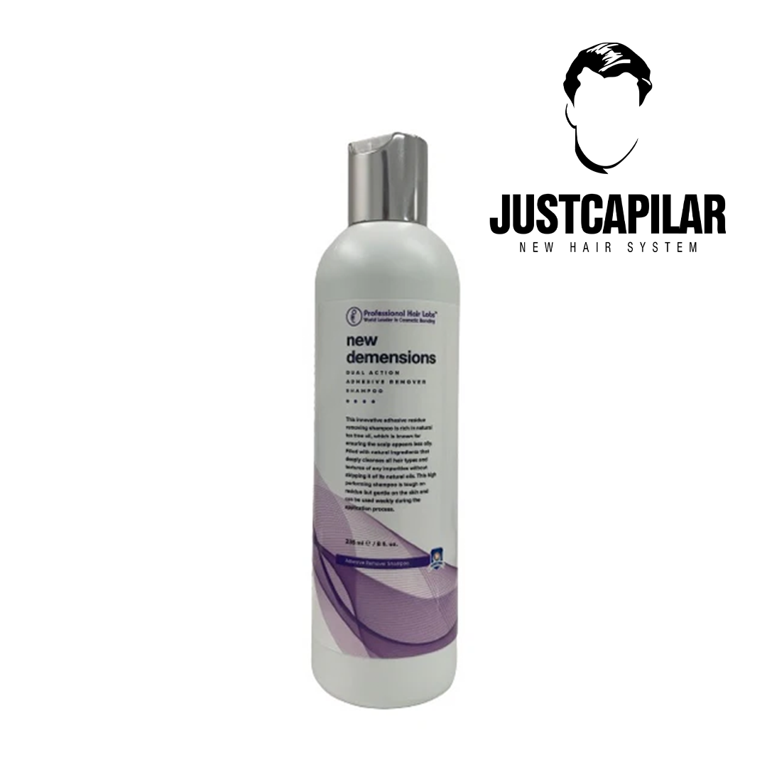 Shampoo de Dupla Ação New Dimensions - Removedor de Resíduos de Adesivo - 2oz (60ml) Frasco branco de champô 'new demensions' e logo JUSTCAPILAR