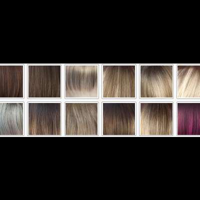 Paleta com 18 amostras de cores e texturas de cabelo.