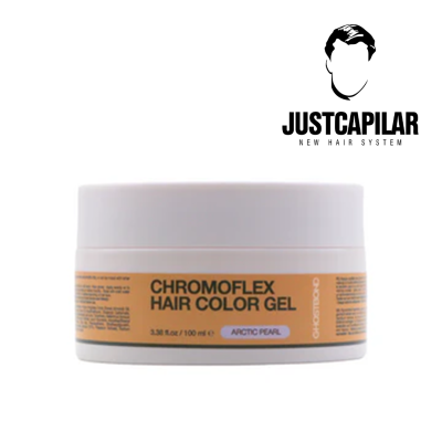 Frasco de gel de coloração capilar branco com rótulo laranja