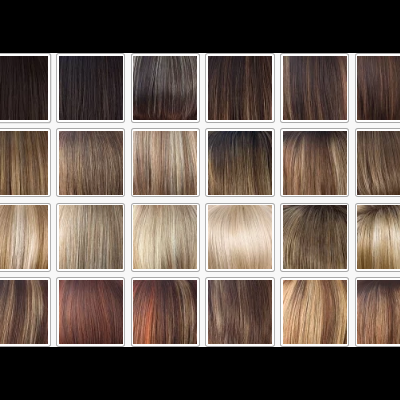 Amostras de cores de cabelo naturais em variações de castanho, loiro e ruivo