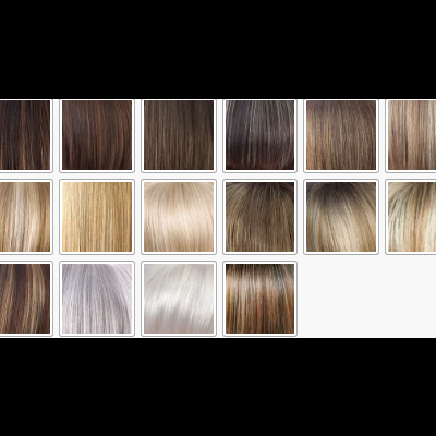 Amostras de cores de cabelo em tons castanhos, loiros e cinza, textura lisa.