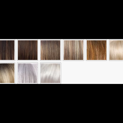 Amostras de cabelo em várias cores e texturas, organizadas em sequência horizontal.