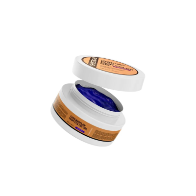 Pote aberto de gel para cabelo cor violeta com rótulo castanho