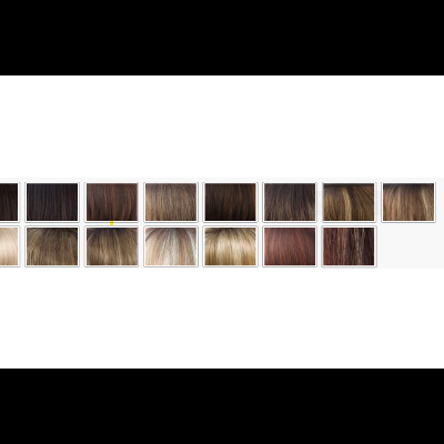 Amostras de cores de cabelo em quadrados pequenos, diferentes tons de castanho, loiro, ruivo e preto