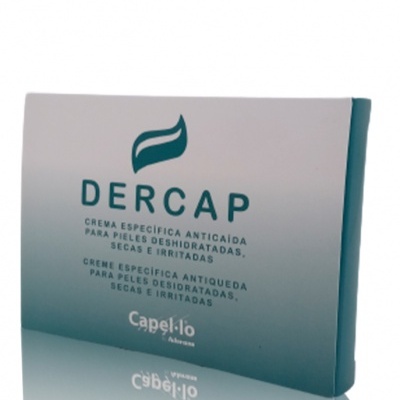 Embalagem rectangular verde-azulado e branco com texto DER CAP creme anticaída