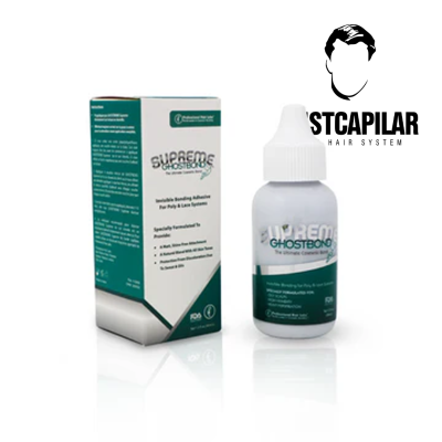 Produto adesivo bonding invisível Supreme Ghostbond com embalagem e frasco branco e verde ao lado do logótipo ESTCAPILAR HAIR SYSTEM