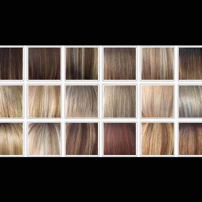 Amostras de cabelo sintético em várias cores e tons