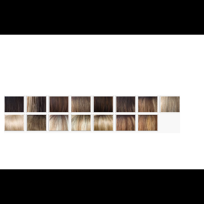 Amostras de cores de cabelo variando de castanho escuro a loiro claro em mechas lisas