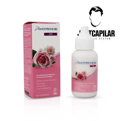 Cola líquida para próteses capilares Ghostbond XL ROSE com caixa rosa e branca e imagem de rosas