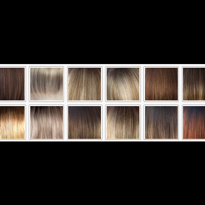 Amostras de cores de cabelo naturais e fantasia em quadrados