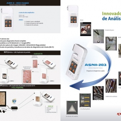 Folheto do sistema portátil de análise ASNI-203 com imagens e descrição técnica