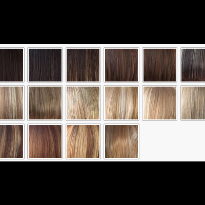 Amostras de cor de cabelo com vários tons de castanho, loiro e castanho avermelhado