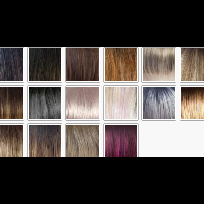 Amostras de cores de cabelo em tons castanhos, loiros e cinza, dispostas em grelha sobre fundo branco