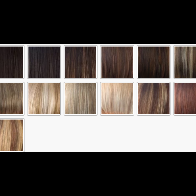 Amostras de cores de cabelo em tons castanhos, louros e ruivos com texturas lisas