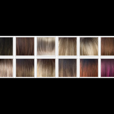 Amostras de cores de cabelo em tons castanho, loiro e vinho com brilho e textura lisa.