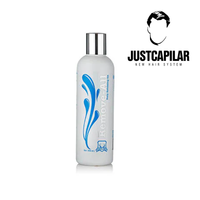 frasco de produto capilar com design azul e logótipo JUSTCAPILAR