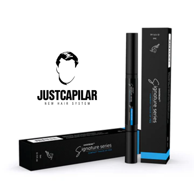 Embalagem e produto preto da Signature Series com detalhes azuis e texto branco, marca JUSTCAPILAR em fundo branco