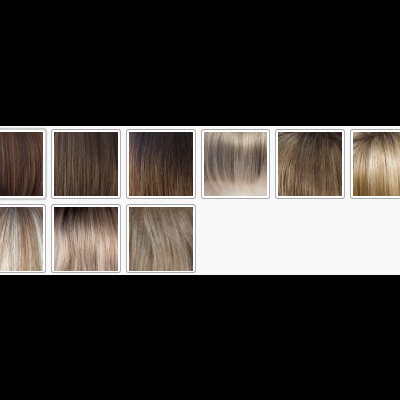 Amostras de cores de cabelo em tons de castanho e loiro organizadas em grade.