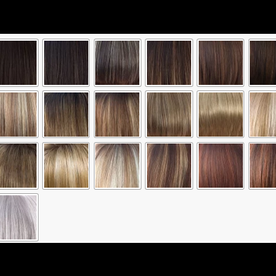 Amostras de cabelo humano em várias cores organizadas em grelha.