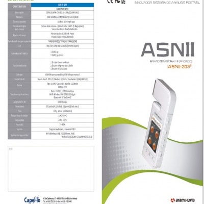 Folheto com especificações técnicas e imagem do dispositivo ASNII 203 branco com ecrã tátil