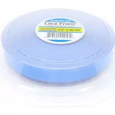 Fita de bordado azul claro em carretel com etiqueta