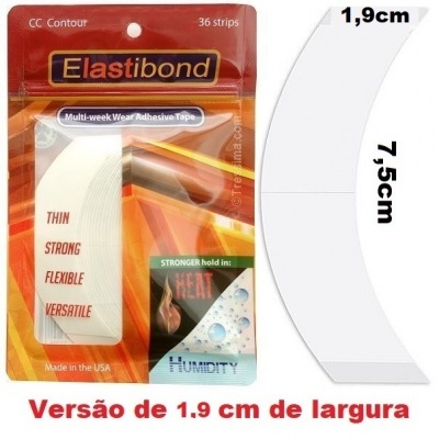 Embalagem de fita adesiva Elastibond com 36 tiras brancas curvas, texto em inglês e português, fundo vermelho e laranja