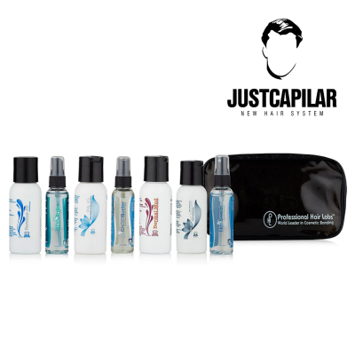 Conjunto de frascos de produtos de cabelo e bolsa preta JUSTCAPILAR.