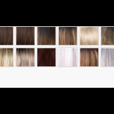 Paleta de cores de cabelo em amostras quadradas variando entre castanhos, loiros, ruivos e cinzentos, textura lisa