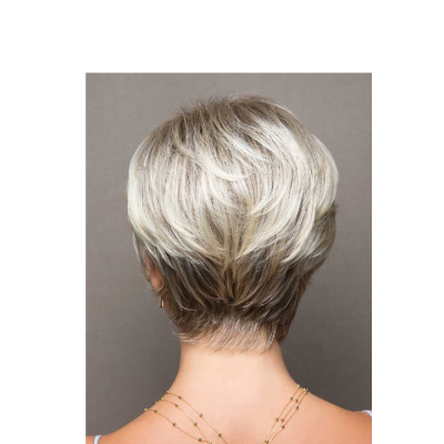 Vista traseira de cabelo curto loiro cinzento e castanho com colares dourados