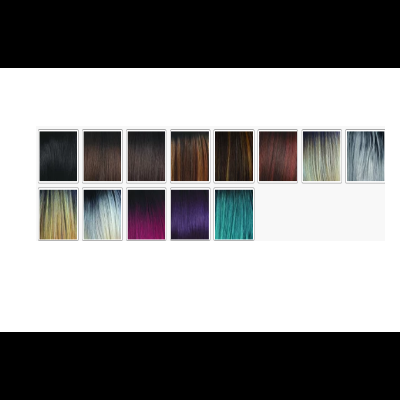 Amostras de cabelo sintético em várias cores ordenadas em formato de quadrados.