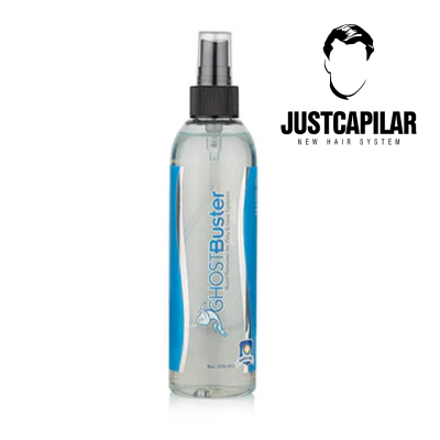 Frasco transparente de spray Ghost Buster com logo JustCapilar ao lado