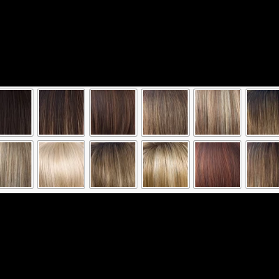 Amostras de cores de cabelo de preta a loira com textura lisa.