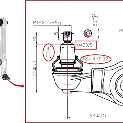 Peça mecânica branca com esquema técnico e medidas em vermelho