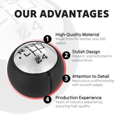 Pomo de mudança preto com topo prateado e padrões de mudança, texto em inglês sobre vantagens