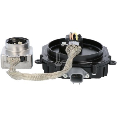 peça eletrónica automóvel com cabo metálico e componentes em plástico preto e metal prateado