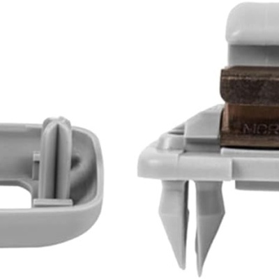Peças de fixação em plástico cinzento com garras e haste metálica