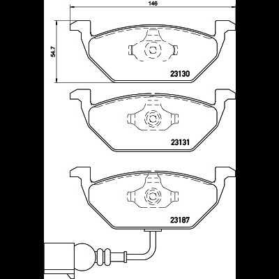 Desenho técnico de pastilhas de travão com números e dimensões