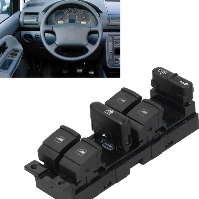 Painel automóvel com volante e conjunto de botões de comando de janelas de carro pretos.