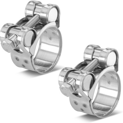 Conjunto de duas abraçadeiras metálicas prateadas com parafuso e porca